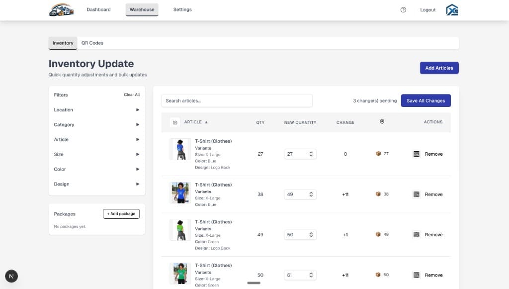 Inventory Update screen with filters, variant rows, new quantity fields, and save pending changes