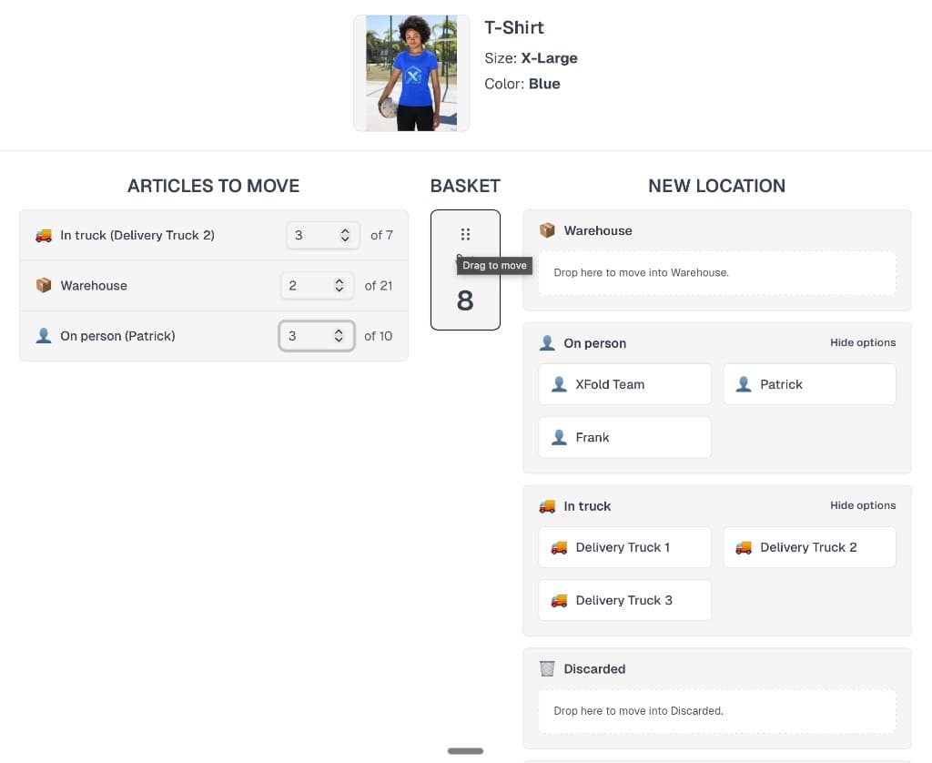 Move inventory flow with articles by location, basket, and drop targets for warehouse, people, and trucks