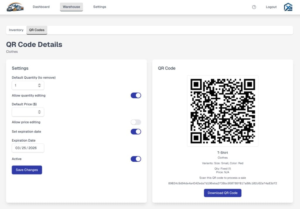 QR Code Details with quantity and price controls, expiration, and download