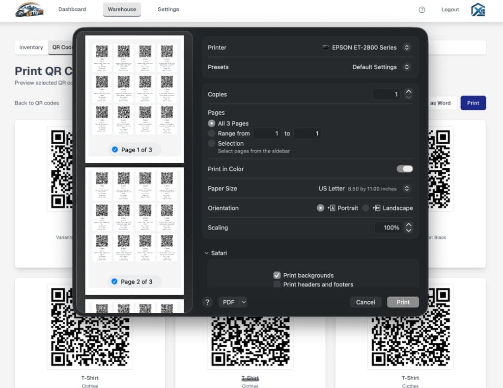 Warehouse QR Codes print flow with a multi-page label grid in the print preview